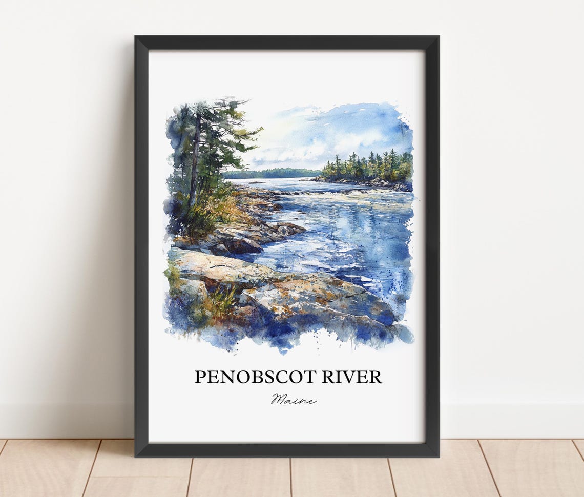 Penobscot River Maine Rocky Banks Pine Forest Watercolor Poster - Image 2