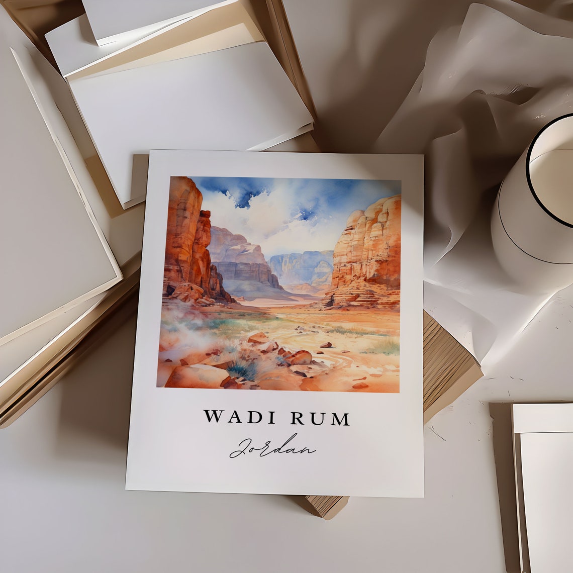 Wadi Rum Jordan Watercolor Art Red Desert Canyon Cliffs Poster - Image 6