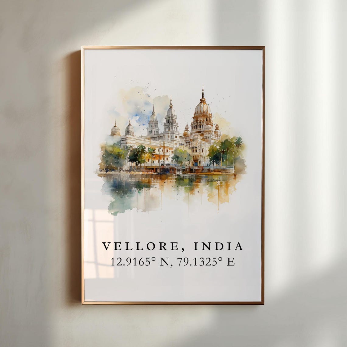Vellore India Coordinates Golden Temple Reflection Watercolor Poster - Image 4