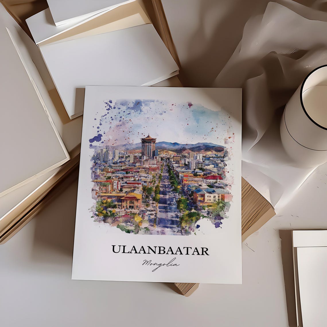 Ulaanbaatar Mongolia Watercolor Capital City Skyline Panorama Poster - Image 3