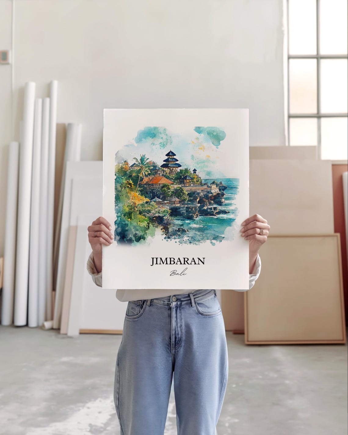 Jimbaran Bali Dreamy Watercolor Ocean Cliff Temple Sea View Poster - Image 5
