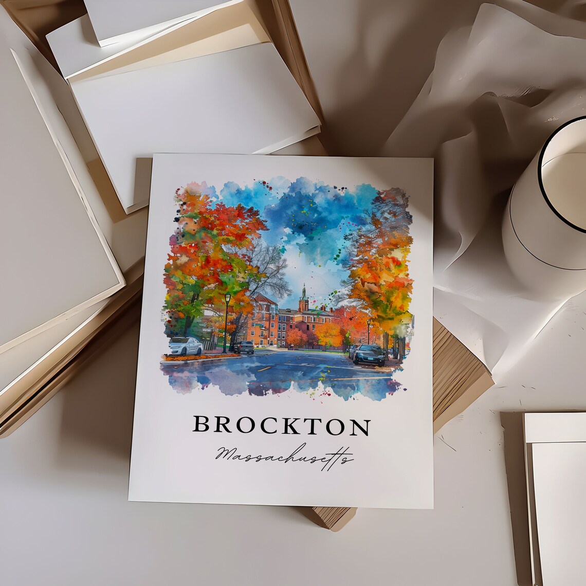 Brockton Massachusetts Autumn Foliage Street Watercolor Poster - Image 6