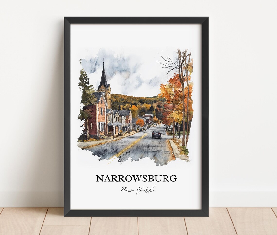 Narrowsburg New York Autumn Main Street Church Watercolor Poster - Image 2