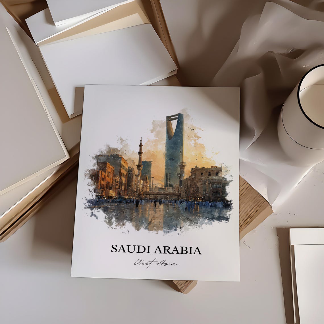 Saudi Arabia Riyadh Kingdom Centre Tower Watercolor Travel Poster - Image 3