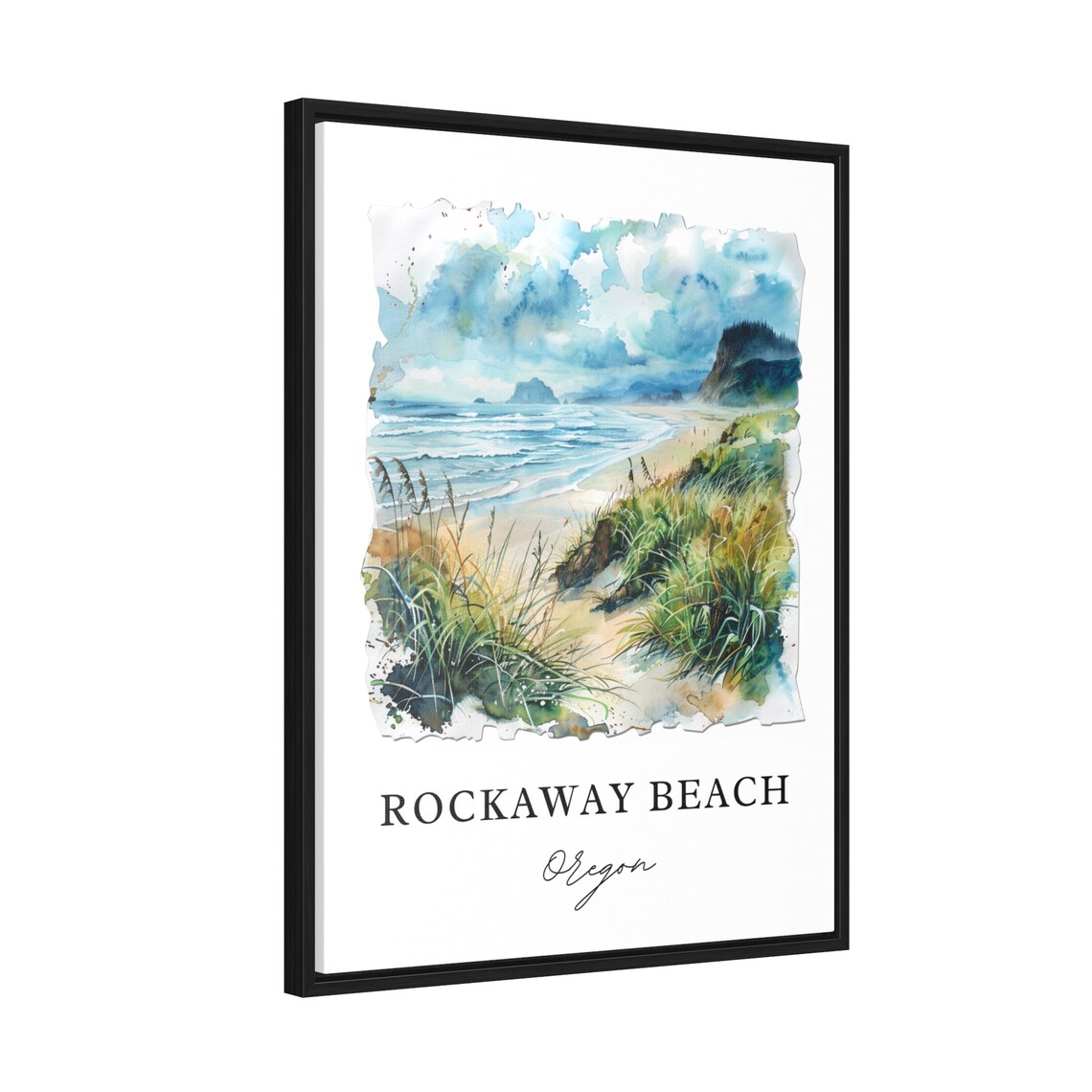 Rockaway Beach Oregon Watercolor Sandy Dunes Ocean Scene Poster - Image 2