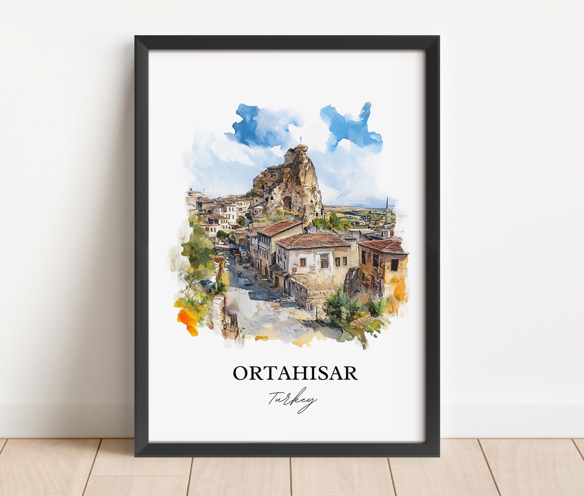 Ortahisar Turkey Watercolor Rock Castle Town Cappadocia Style Poster - Image 2