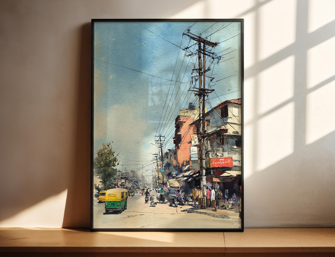 Delhi India Watercolor Street Poster Tuk Tuk Rickshaw Urban Art Decor