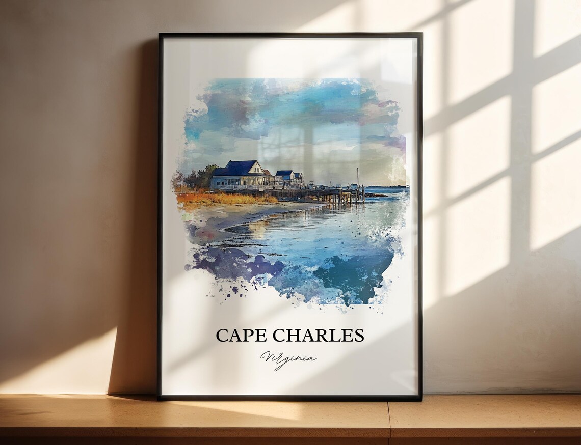 Cape Charles Virginia Waterfront Pier Houses Watercolor Travel Poster