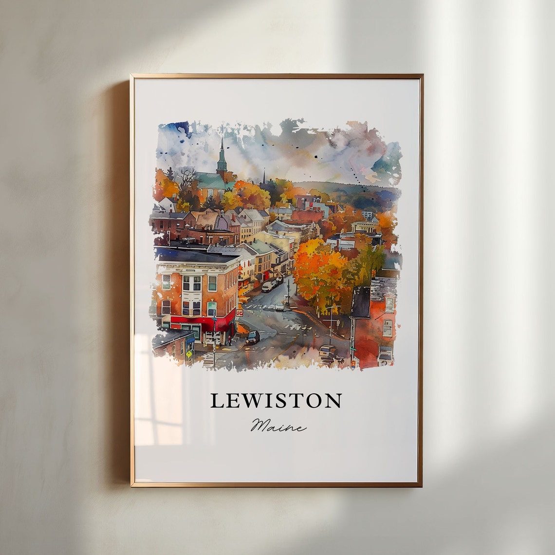 Lewiston Maine Watercolor Downtown Church Steeple Autumn Poster