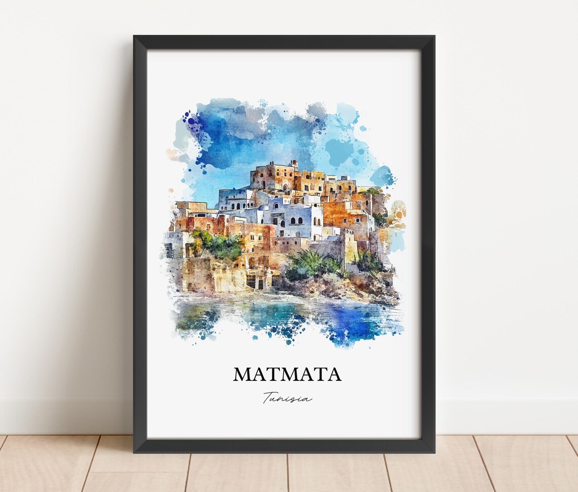 Matmata Tunisia Old Hilltop Village Watercolor Travel Poster - Image 3
