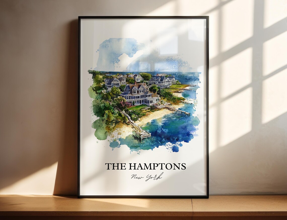 The Hamptons New York Watercolor Beach House Scene Art Poster