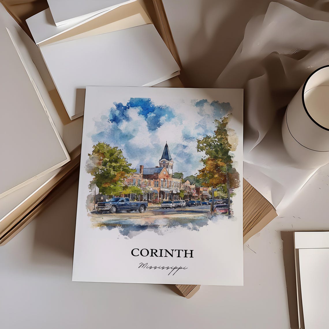 Corinth Mississippi Courthouse Square Clocktower Watercolor Poster - Image 2