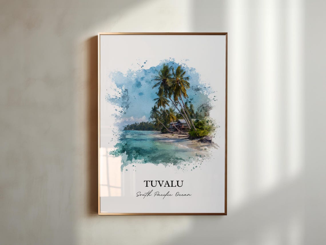 Tuvalu South Pacific Palm Beach Watercolor Tropical Island Poster - Image 6