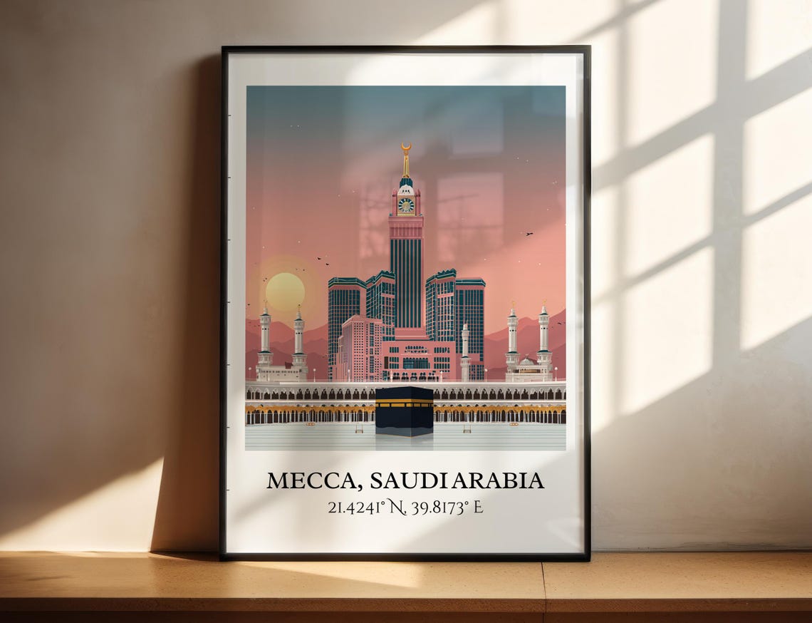 Mecca Saudi Arabia Kaaba Clock Tower Sunset Retro Travel Art Poster