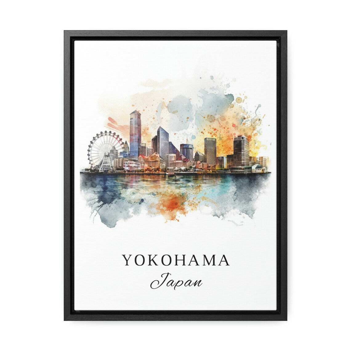 Yokohama Japan Watercolor Art Harbor Skyline Ferris Wheel Poster