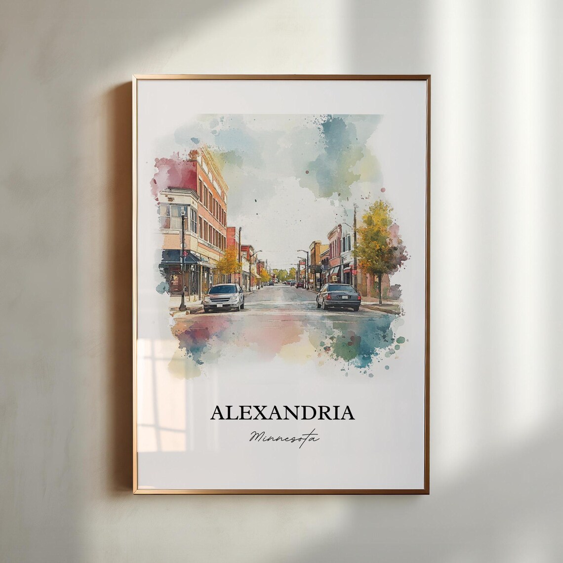 Alexandria Minnesota Main Street Brick Buildings Watercolor Art Poster