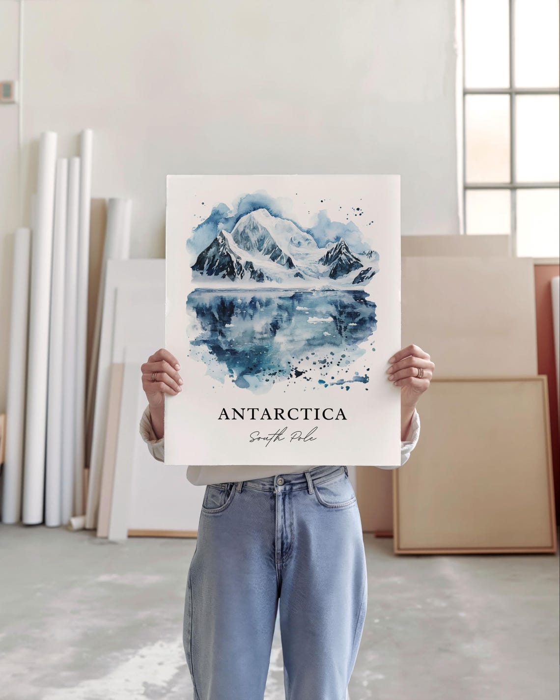 Antarctica South Pole Icy Peaks Glacial Reflection Watercolor Poster - Image 3