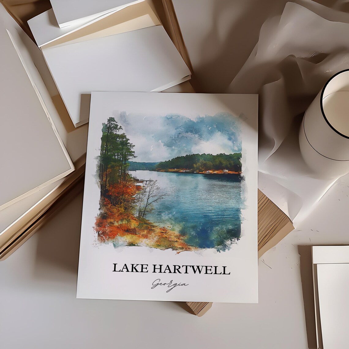 Lake Hartwell Georgia Pine Shoreline Watercolor Travel Poster - Image 2