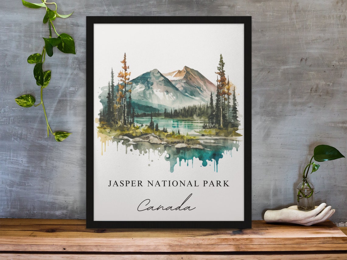 Jasper National Park Canada Watercolor Mountains Lake Travel Poster