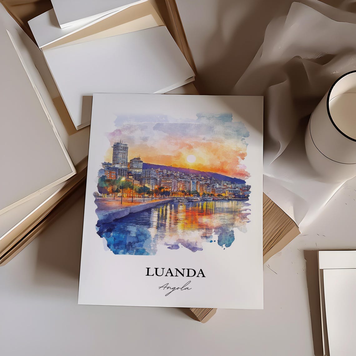 Luanda Angola Sunset Harbor Skyline Watercolor Travel Poster - Image 4