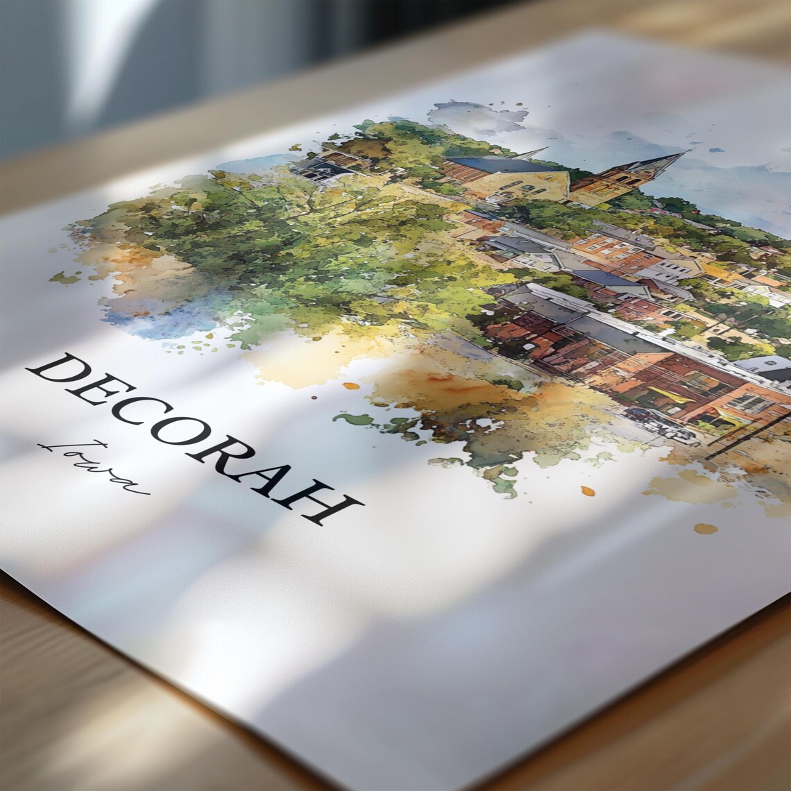 Decorah Iowa Church Spire Overlooking Town Watercolor Travel Poster - Image 6