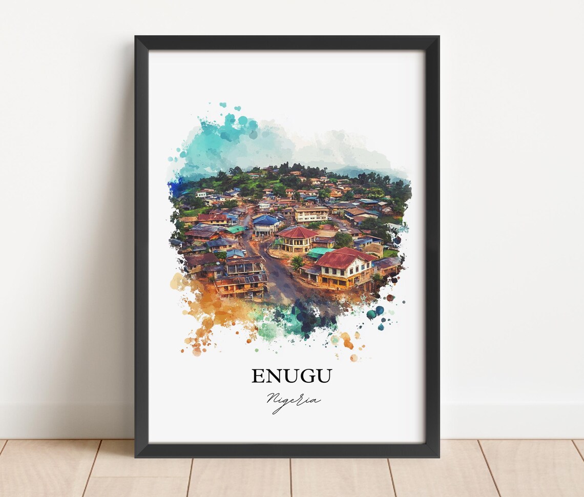 Enugu Nigeria African Watercolor Cityscape Hillside Art Poster - Image 4