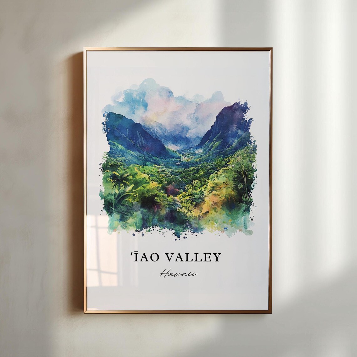 Iao Valley Hawaii Lush Green Mountain Mist Watercolor Travel Poster