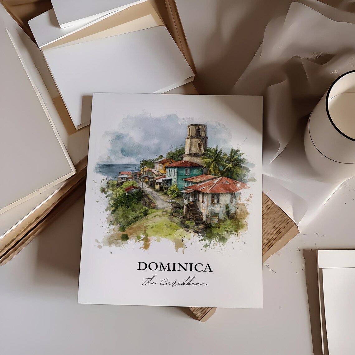 Dominica Caribbean Coastal Town Church Watercolor Art Poster - Image 2