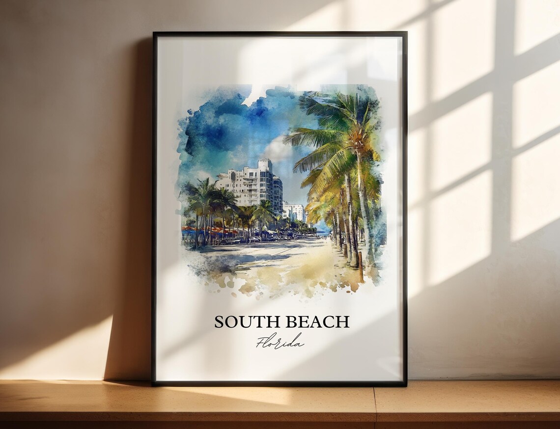 South Beach Florida Palm Trees Art Deco Watercolor Beach Poster