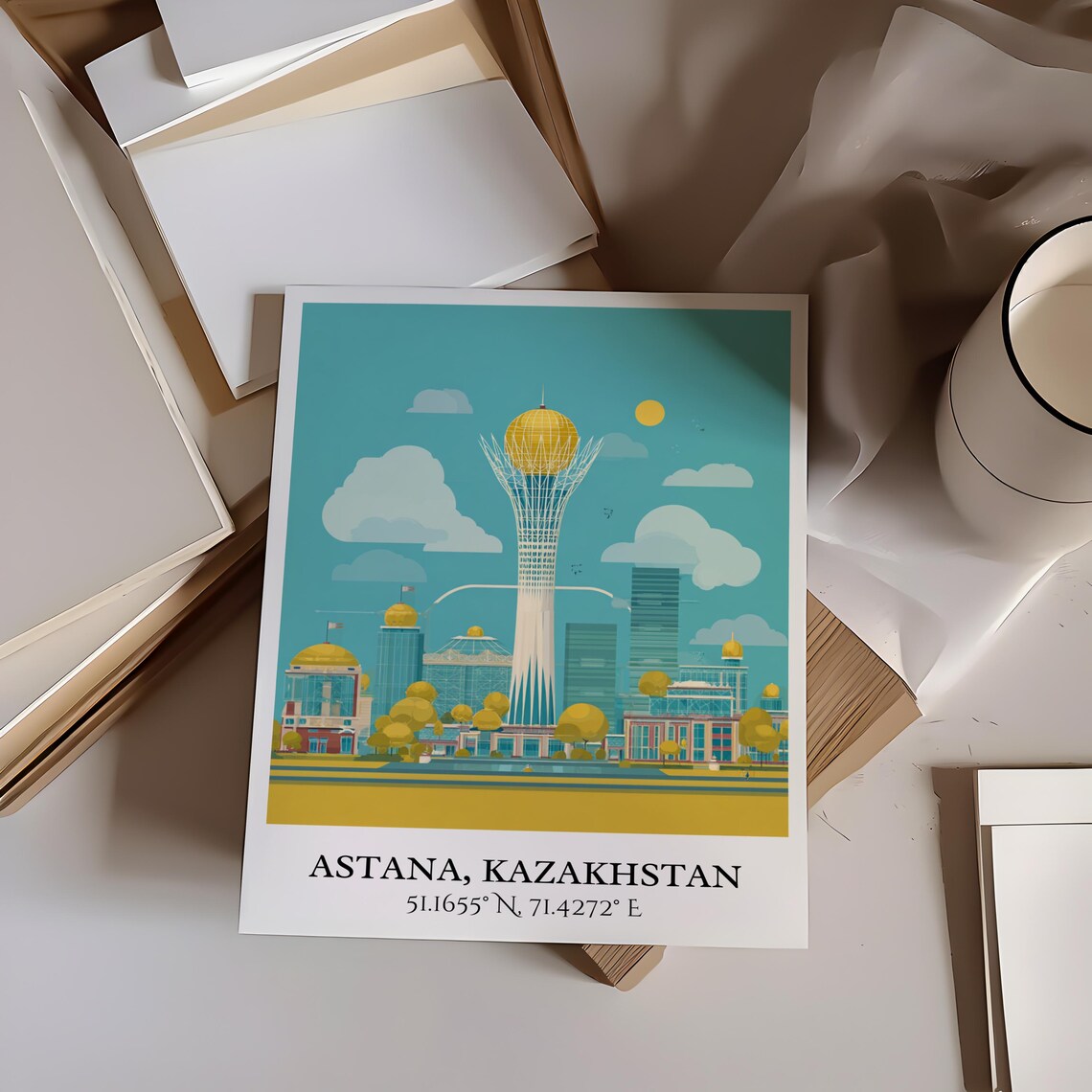Astana Kazakhstan Bayterek Golden Orb Tower Retro Travel Poster - Image 3