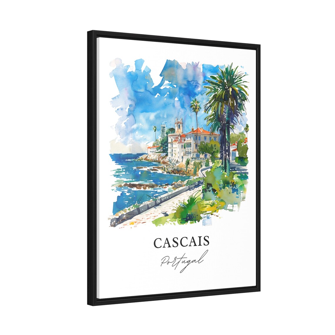 Cascais Portugal Palm Coast Promenade Watercolor Seaside Poster - Image 2