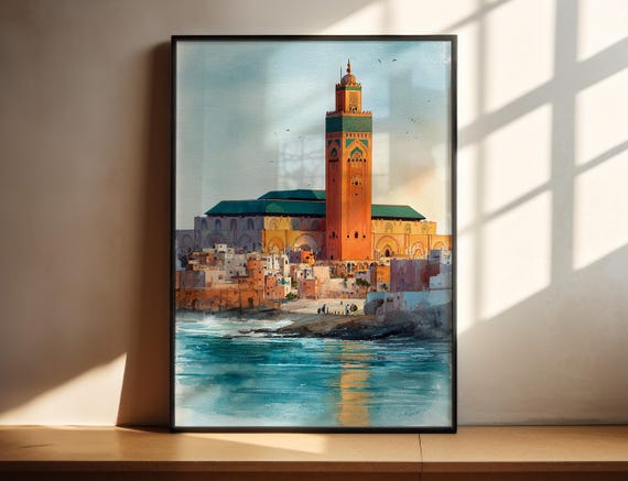 Casablanca Morocco Watercolor Art Travel Print Artwork Decor Wall