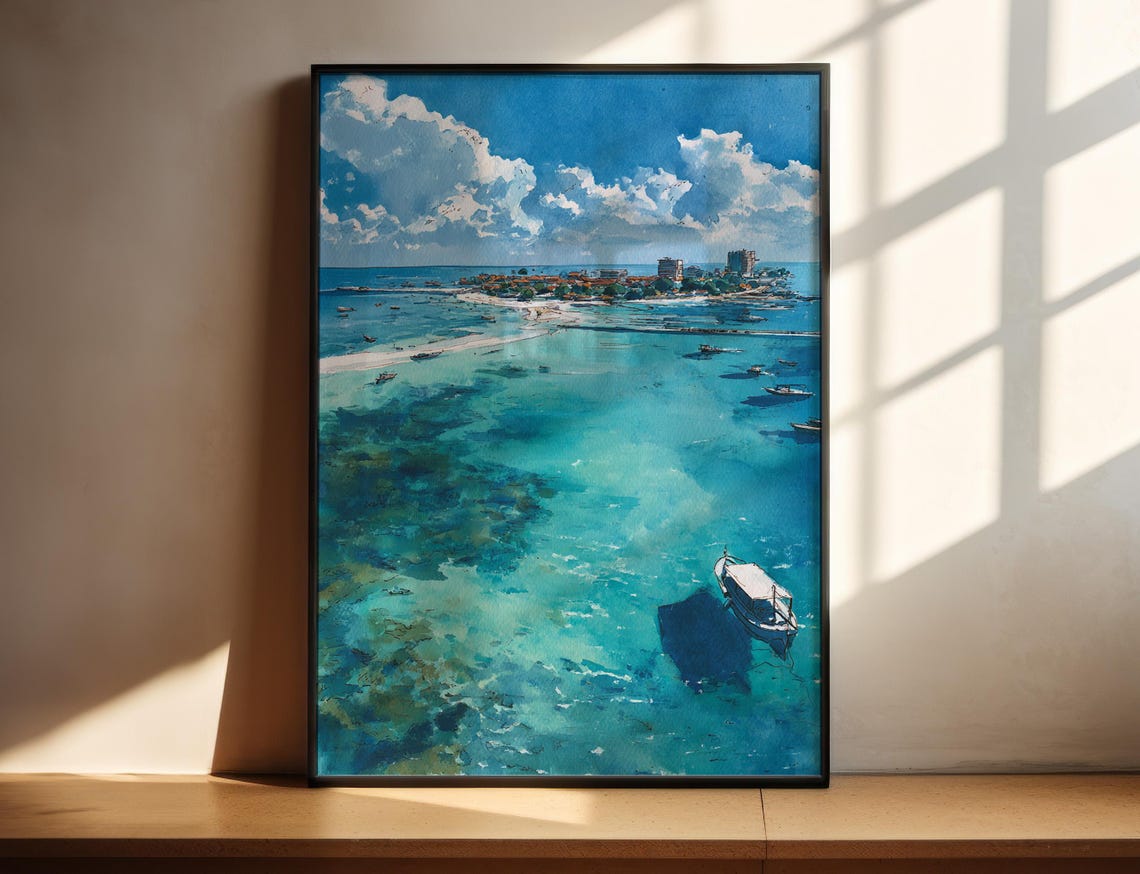 Turquoise Lagoon Aerial View Tropical Island Boats Coral Water Print