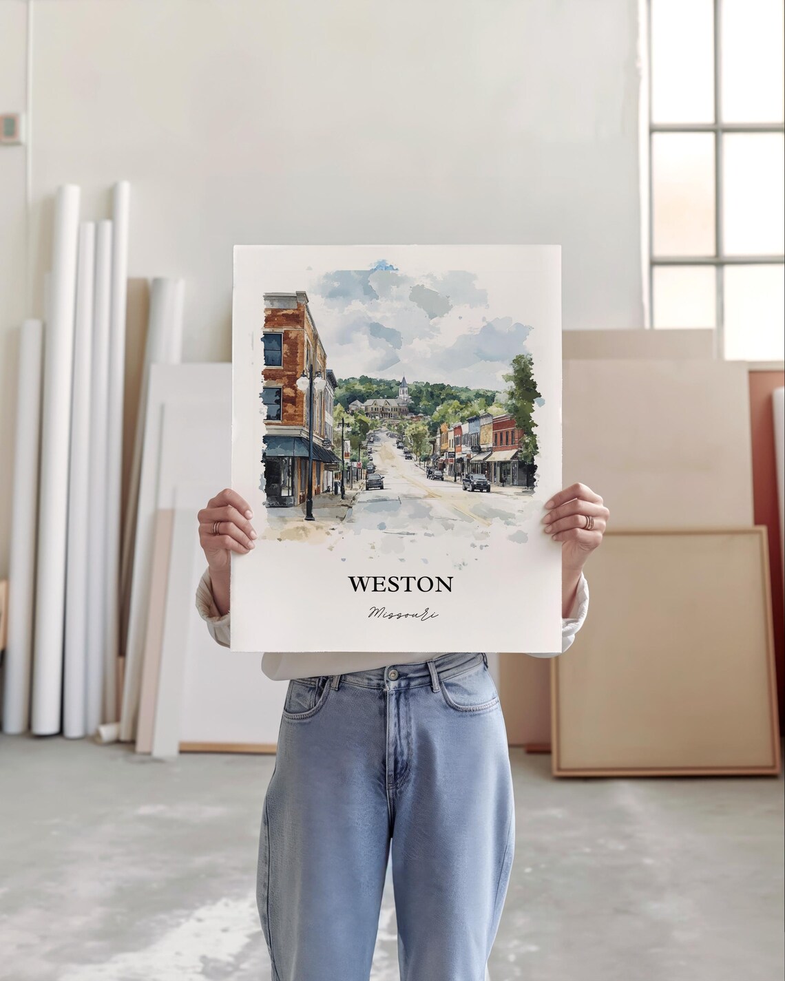 Weston Missouri Quaint Small Town Main Street Watercolor Poster - Image 3