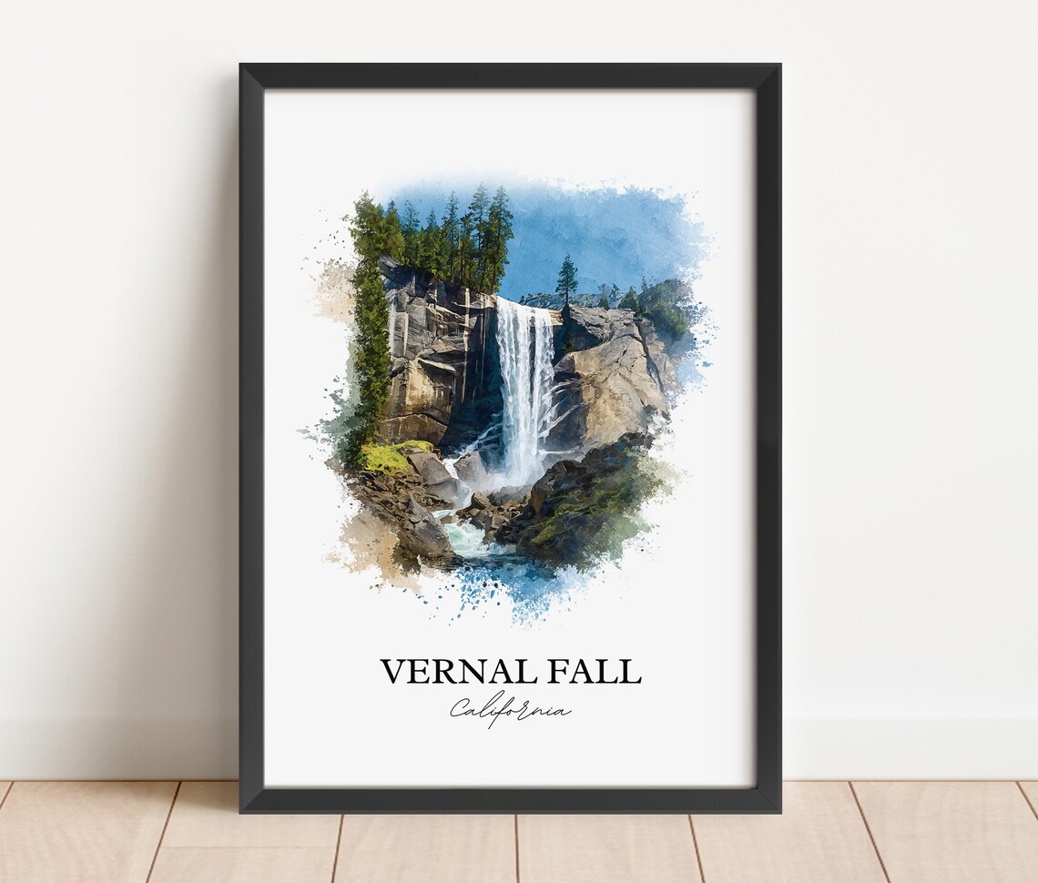 Vernal Fall California Granite Cliff Waterfall Watercolor Poster - Image 3
