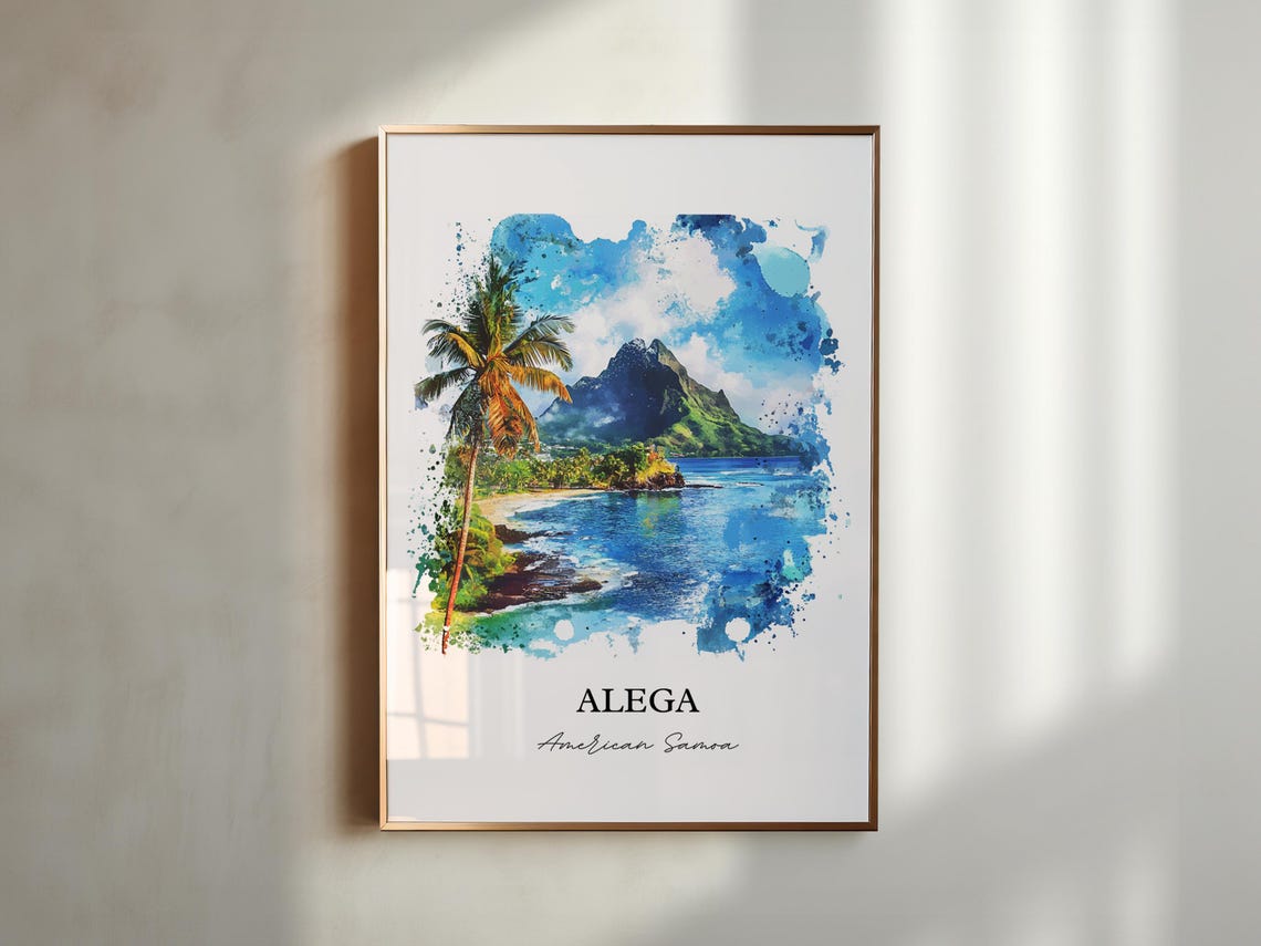 Alega American Samoa Volcanic Peak Palm Beach Watercolor Poster - Image 6