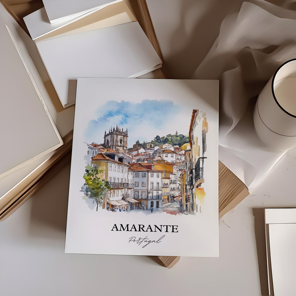 Amarante Portugal Watercolor Hillside Old Town Church Tower Poster - Image 3