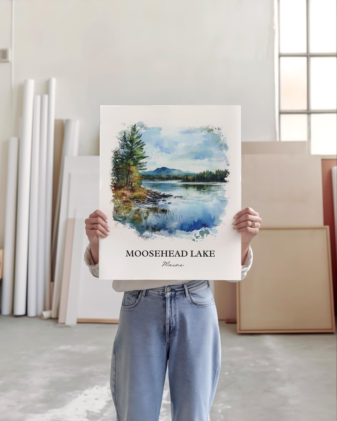 Moosehead Lake Maine Pine Shoreline Mountain Watercolor Poster - Image 4
