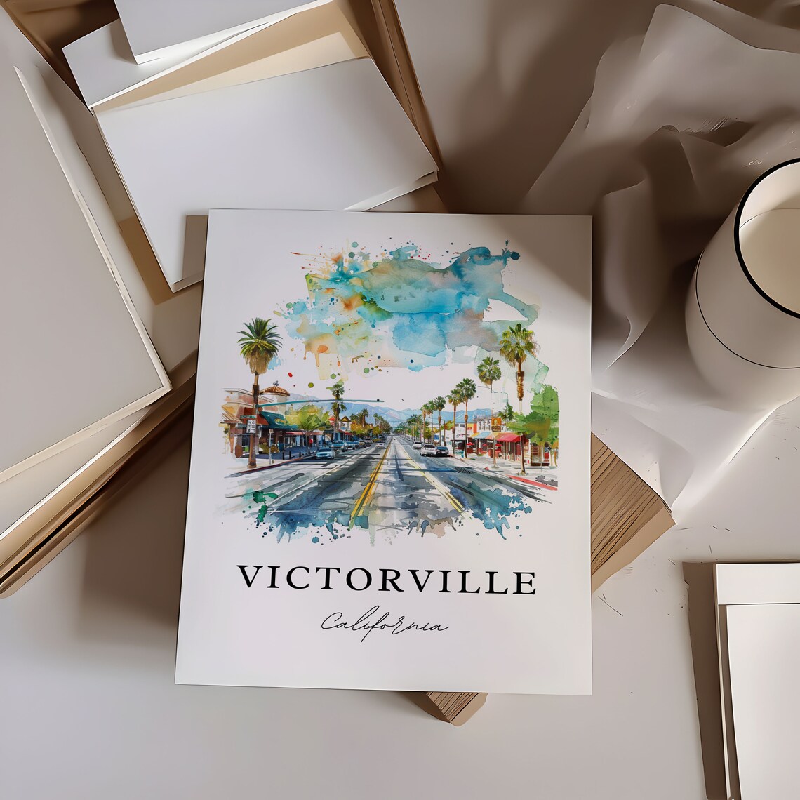 Victorville California Watercolor Main Street Palm Trees Poster - Image 6