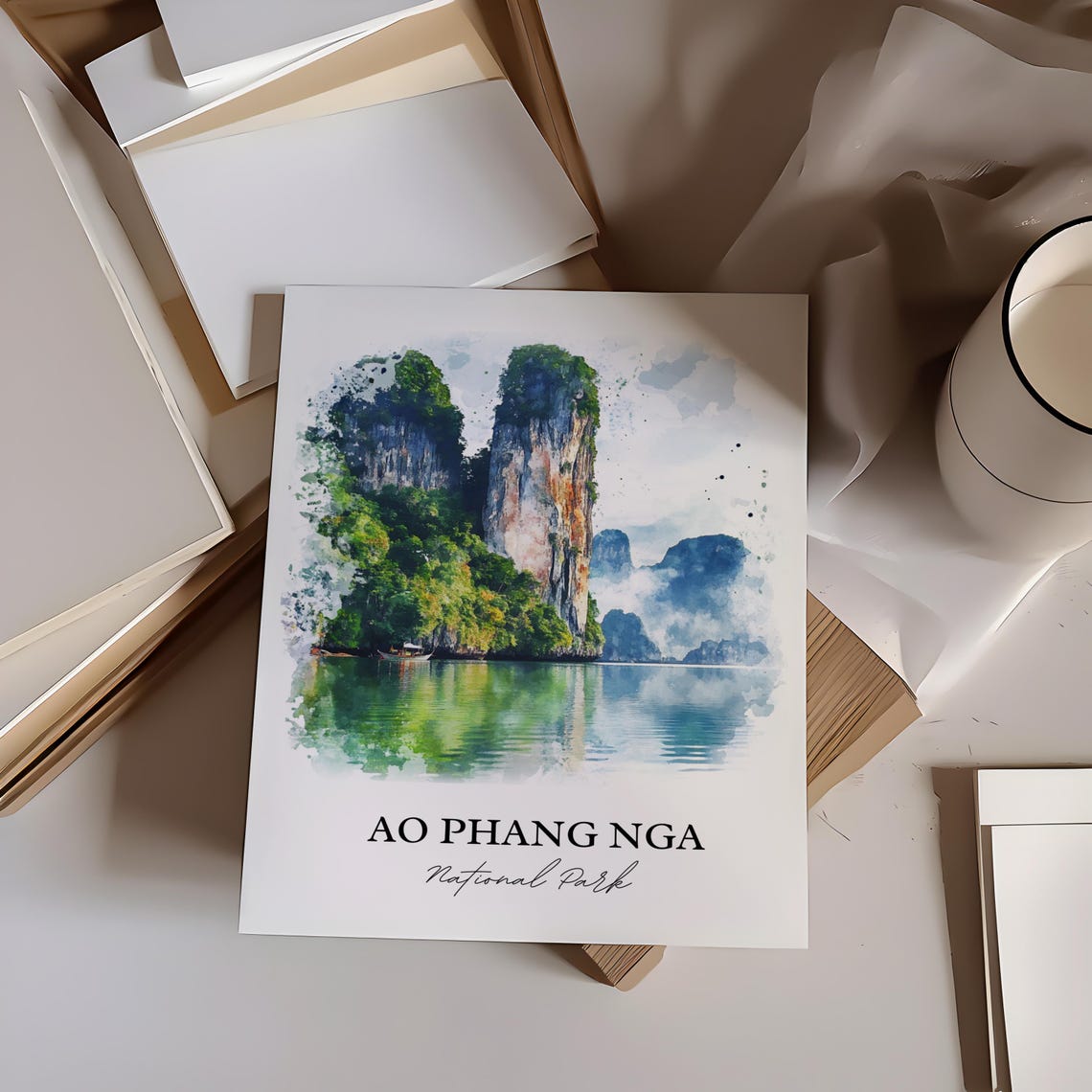 Ao Phang Nga Thailand Limestone Karst Bay Watercolor Travel Poster - Image 4