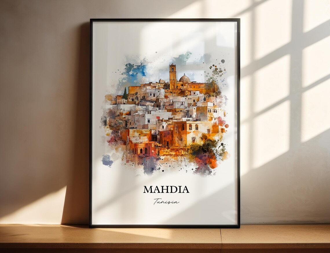 Mahdia Tunisia Historic Old Town Watercolor Souvenir Travel Poster
