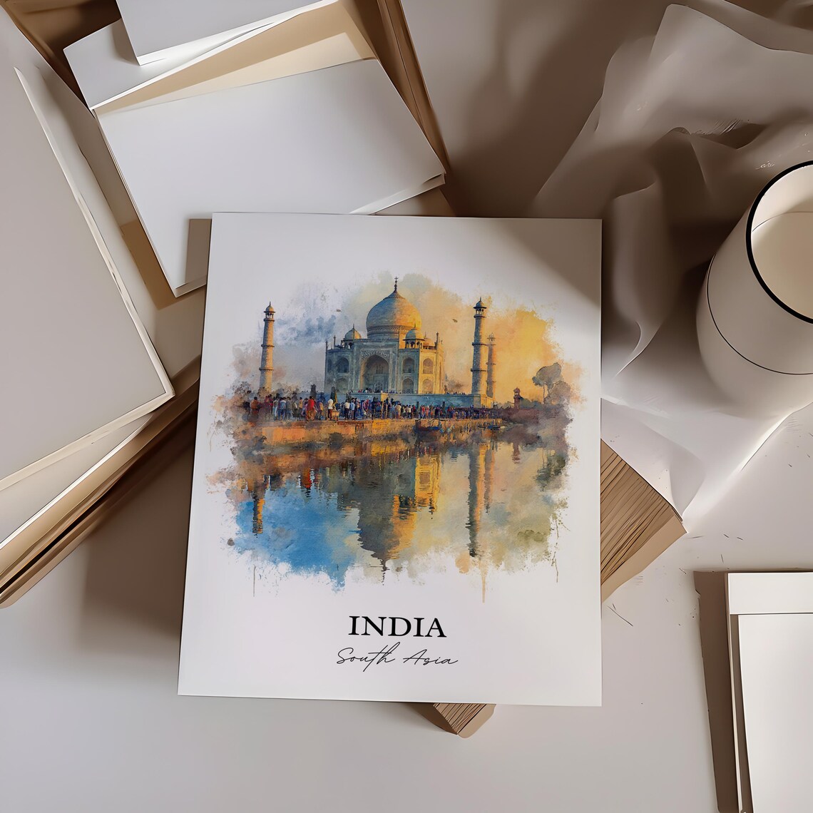 Taj Mahal India Sunset Reflection Watercolor Landmark Travel Poster - Image 2