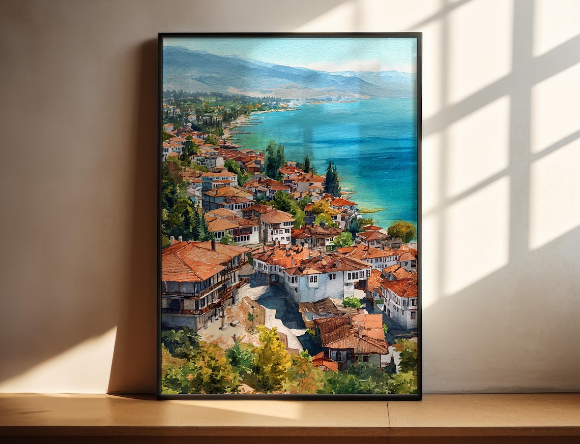 Ohrid Watercolor Travel Poster, North Macedonia Beach