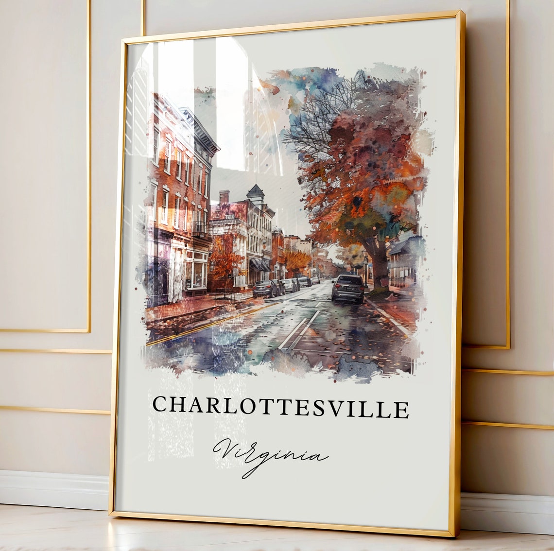 Charlottesville Virginia Downtown Street Watercolor Rainy Day Poster - Image 4