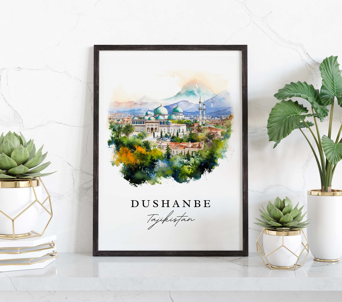Dushanbe Tajikistan Watercolor Green Domed Mosque Mountain City Travel Poster - Image 4
