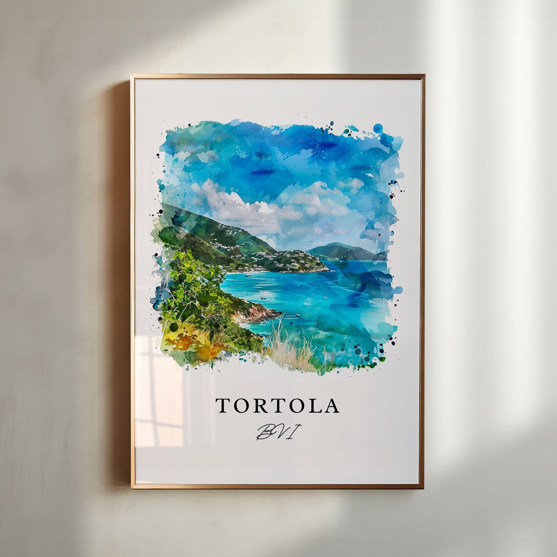 Tortola BVI Watercolor Turquoise Bay Caribbean Coast Scene Poster