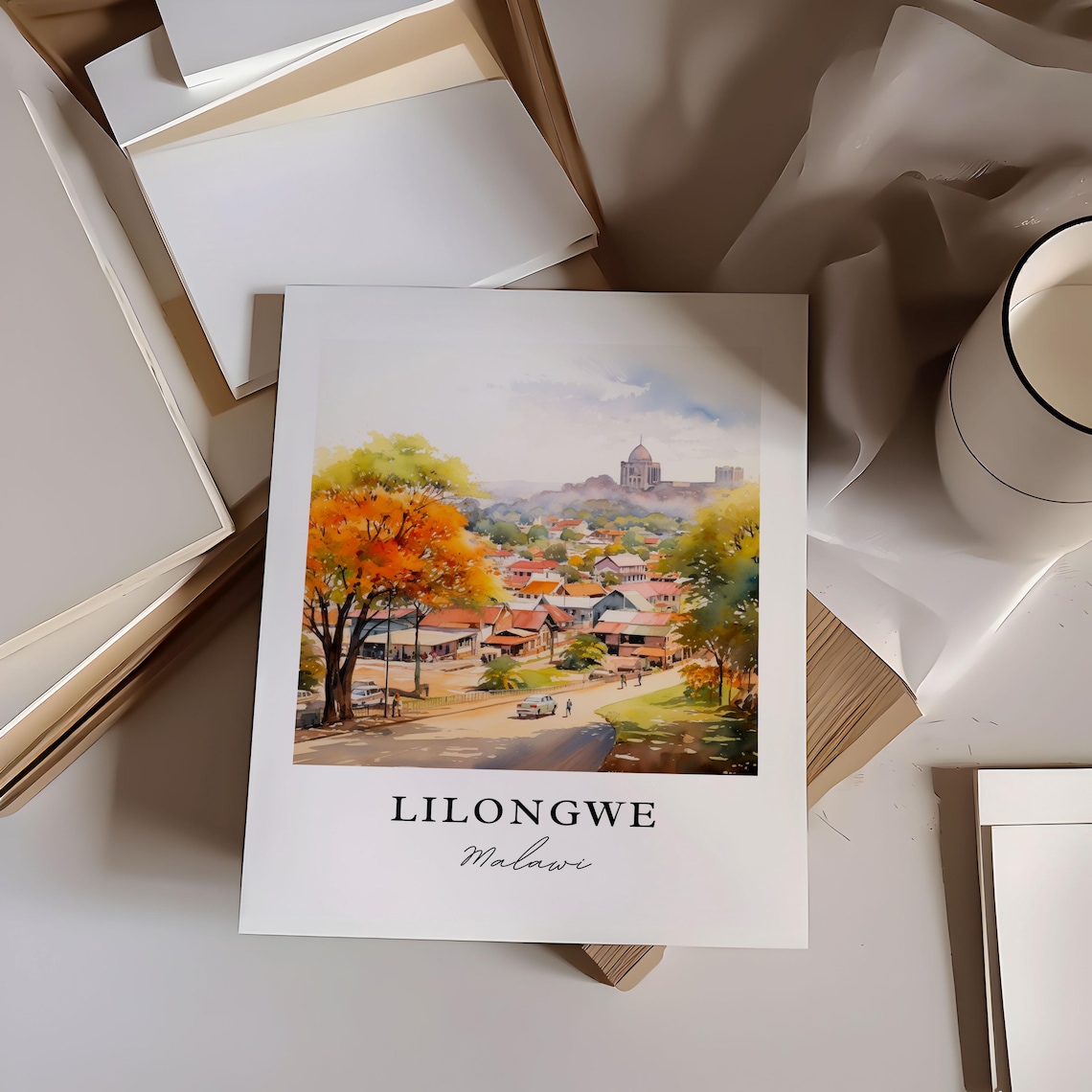 Lilongwe Malawi Watercolor Of City Street With Church On Hill Poster - Image 2