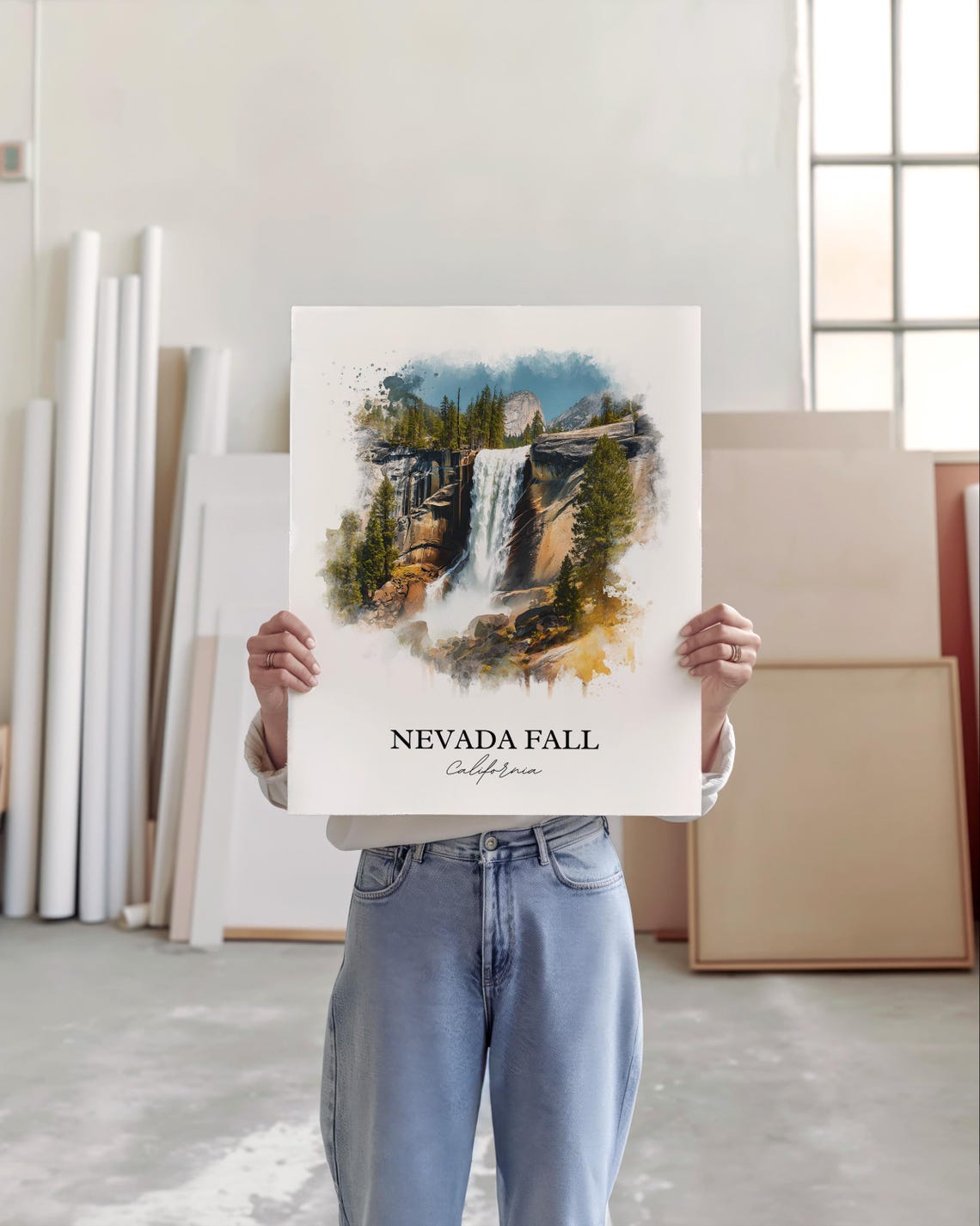 Nevada Fall California Granite Cliff Wide Waterfall Watercolor Poster - Image 5