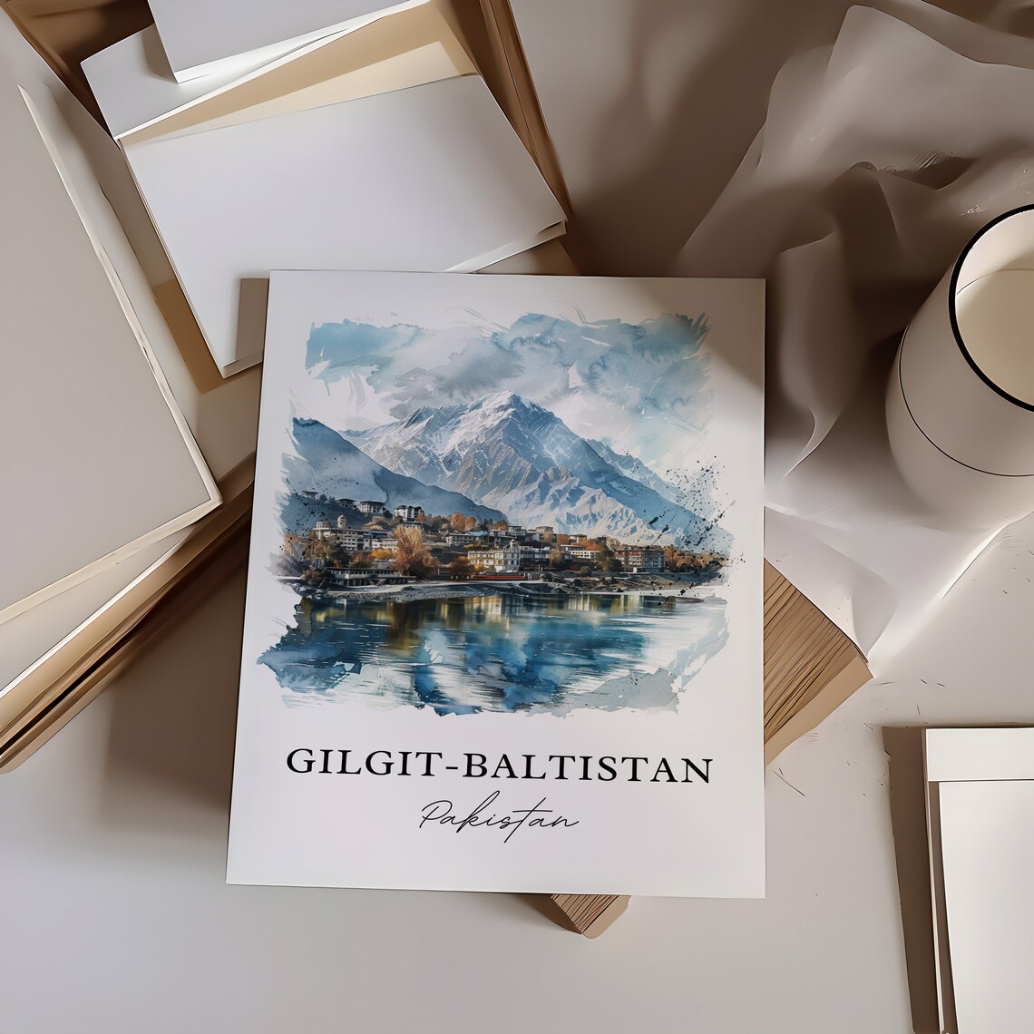 Gilgit Baltistan Pakistan Snow Peaks Lake Watercolor Travel Poster - Image 6