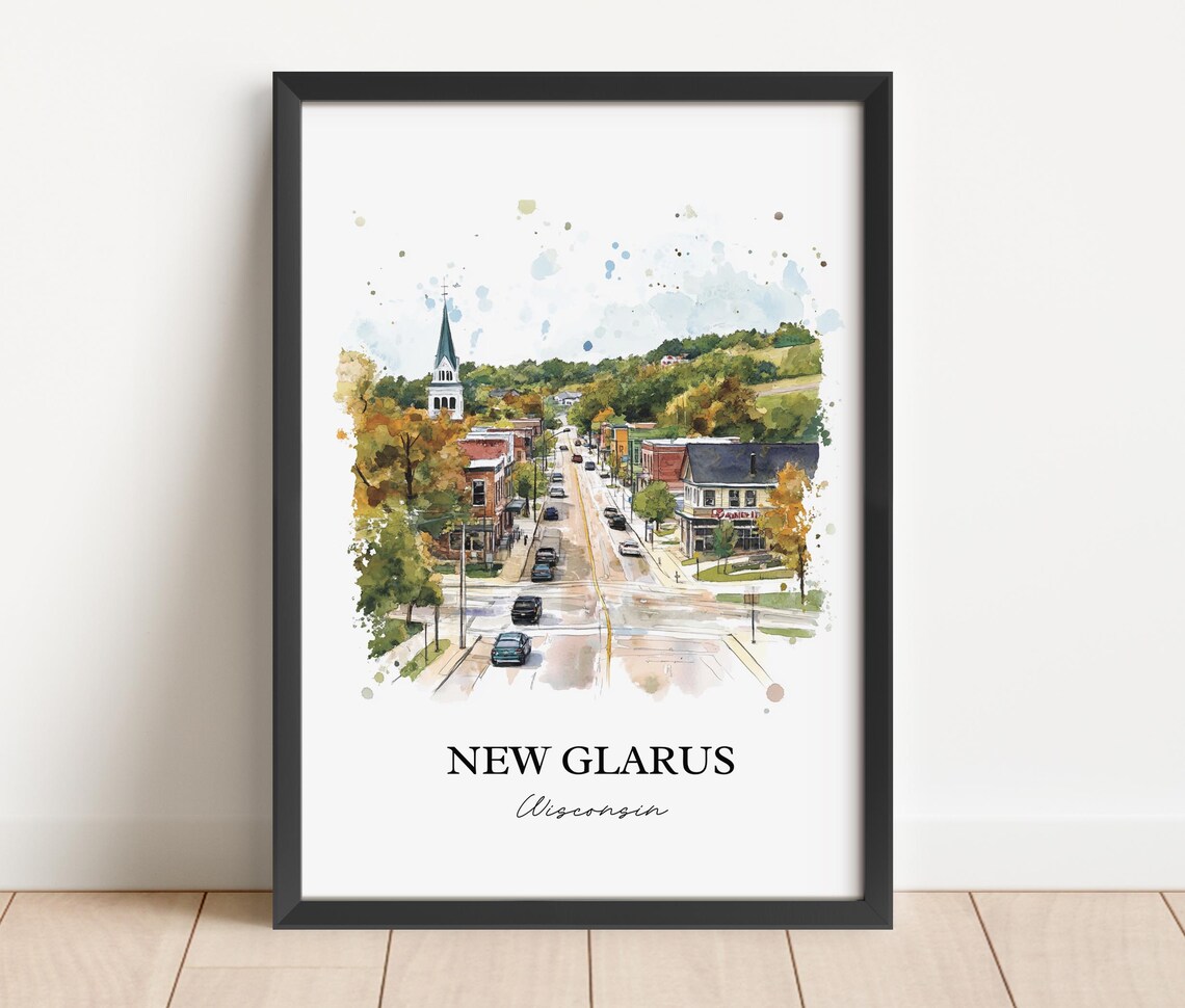 New Glarus Wisconsin Small Town Aerial Watercolor Travel Gift Poster - Image 3